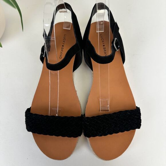 Lucky Brand Grecilyn Black Suede Espadrille Sandal Flats Woven Shoe Size 10‎ M - Picture 3 of 9
